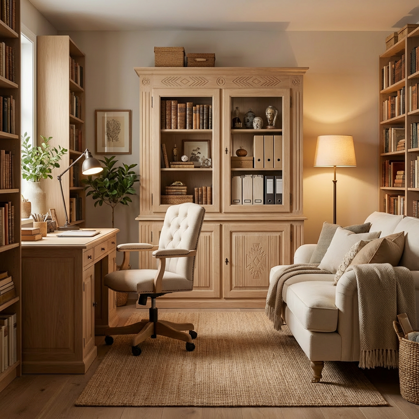Light Oak Geometric Display Hutch Cabinet