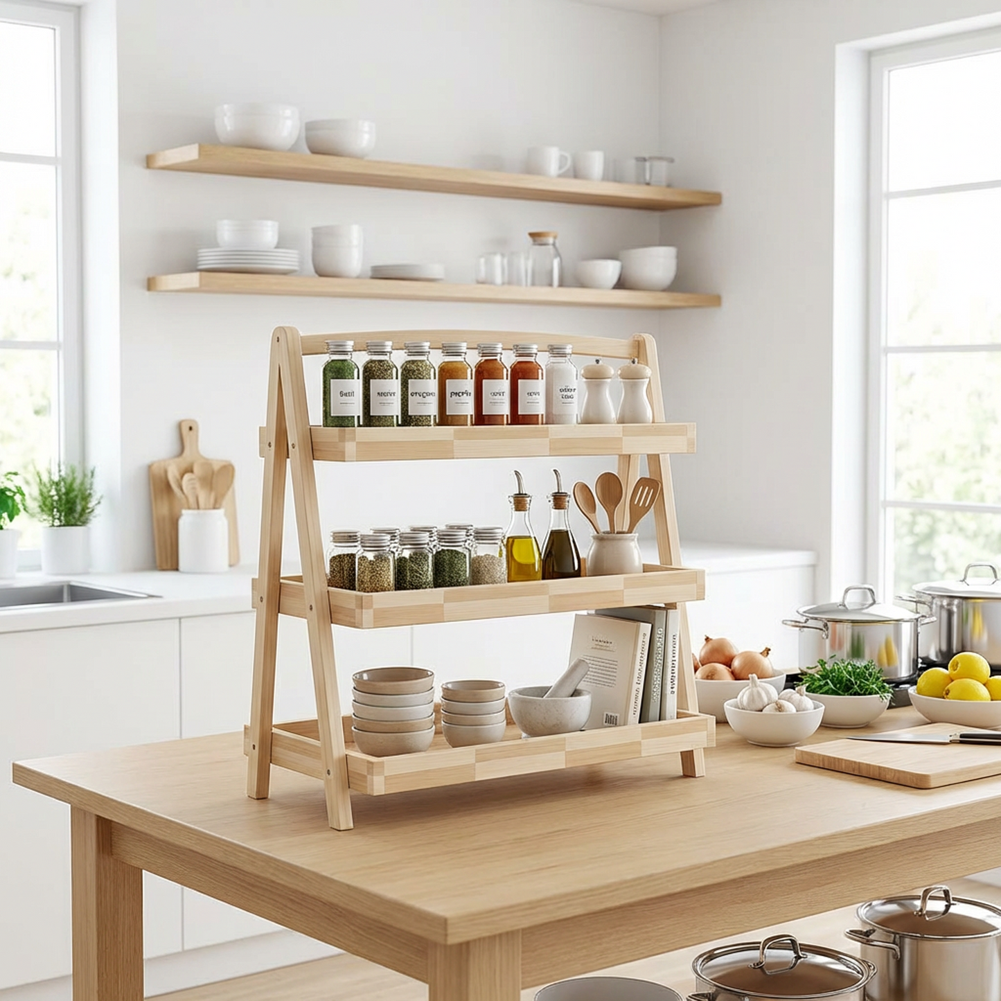 3-Tier Wooden Kitchen Organizer Rack