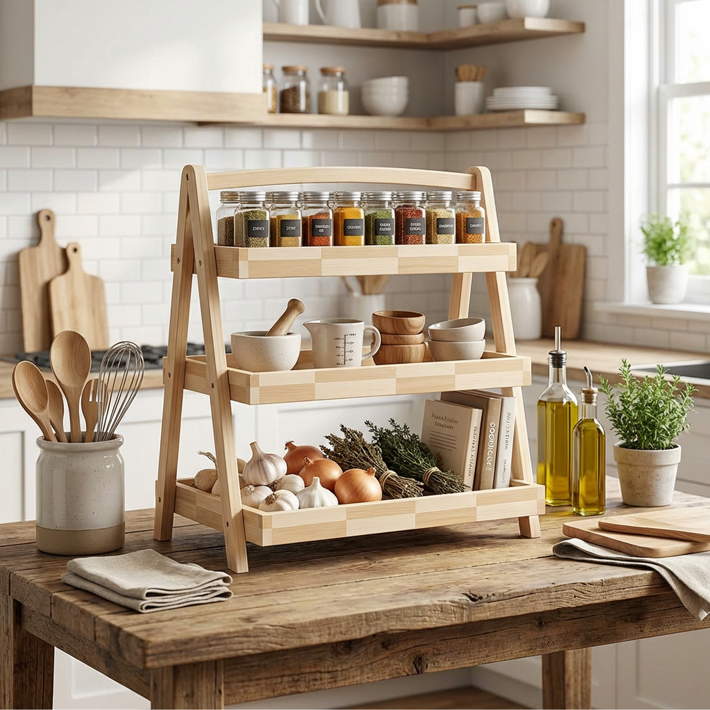 3-Tier Wooden Kitchen Organizer Rack