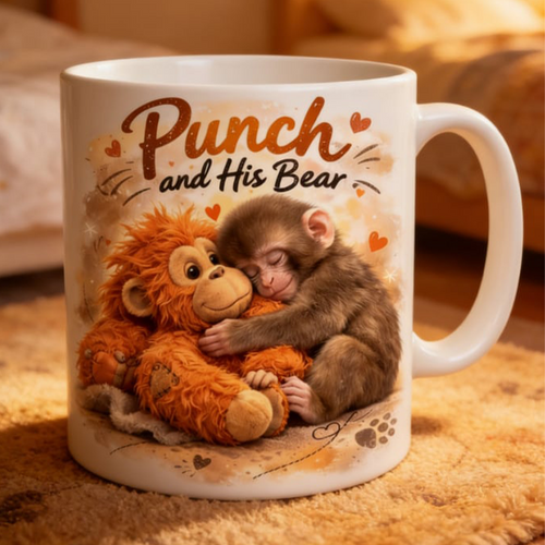 Punch and His Bear Cute Monkey Ceramic Mug