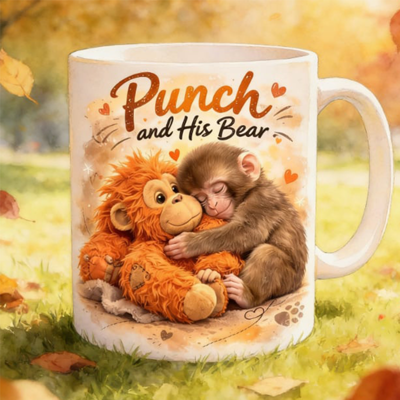 Punch and His Bear Cute Monkey Ceramic Mug