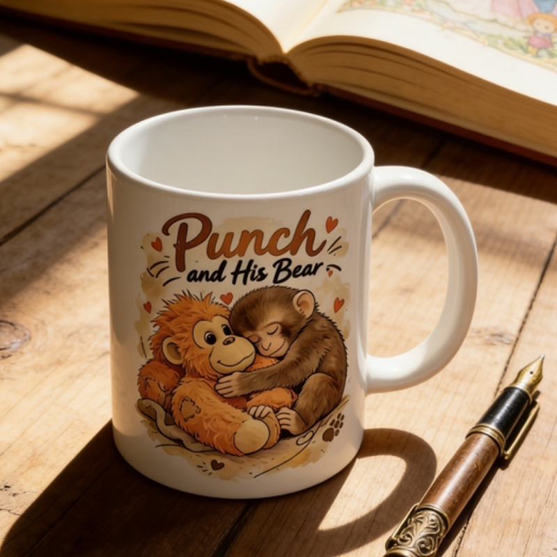 Punch and His Bear Cute Monkey Ceramic Mug